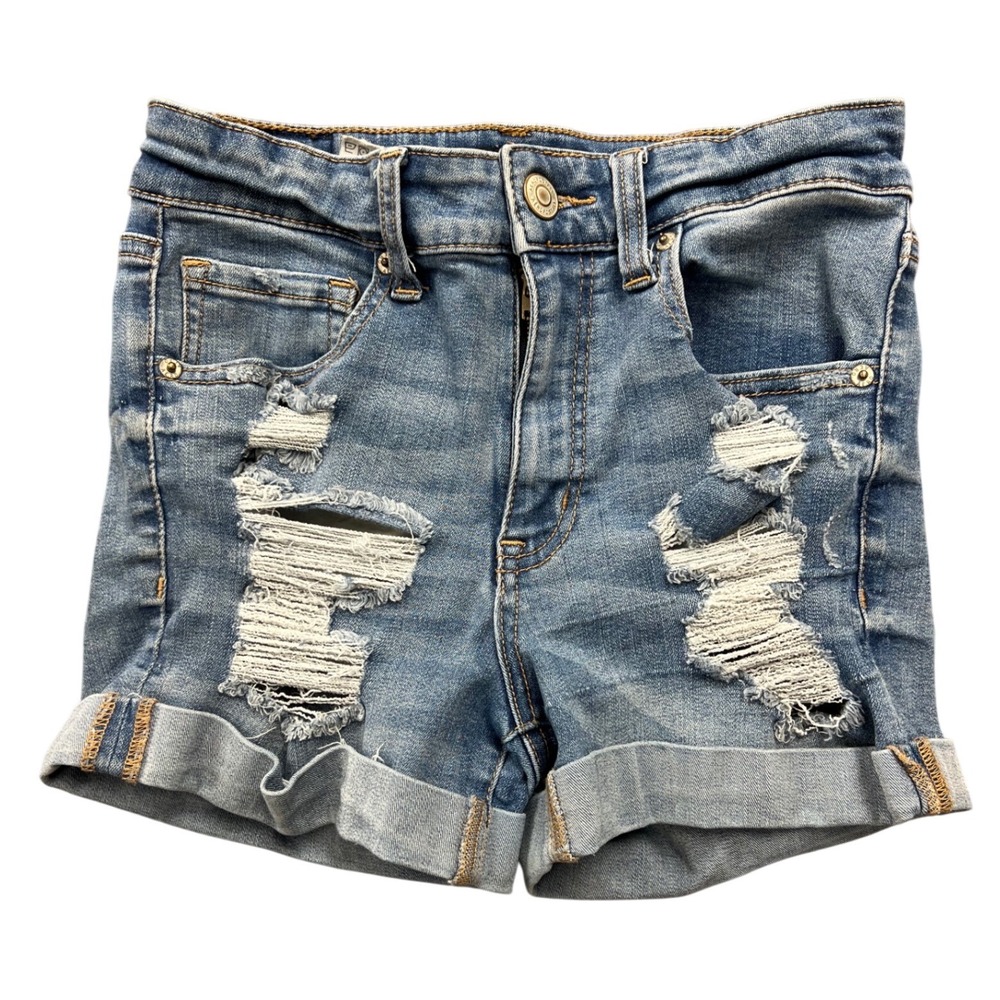 Aeropostale High Rise Midi Distressed Denim Jean Shorts Blue 4 Ripped Cuffed